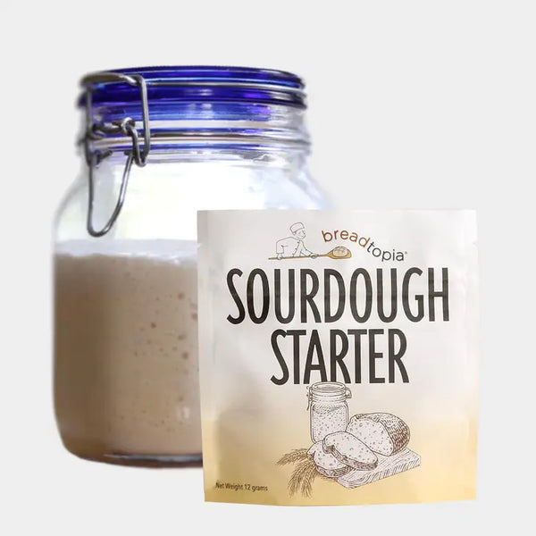 A sourdough starter in a glass jar with a blue lid next to its packaging that reads 'Sourdough Starter'.
