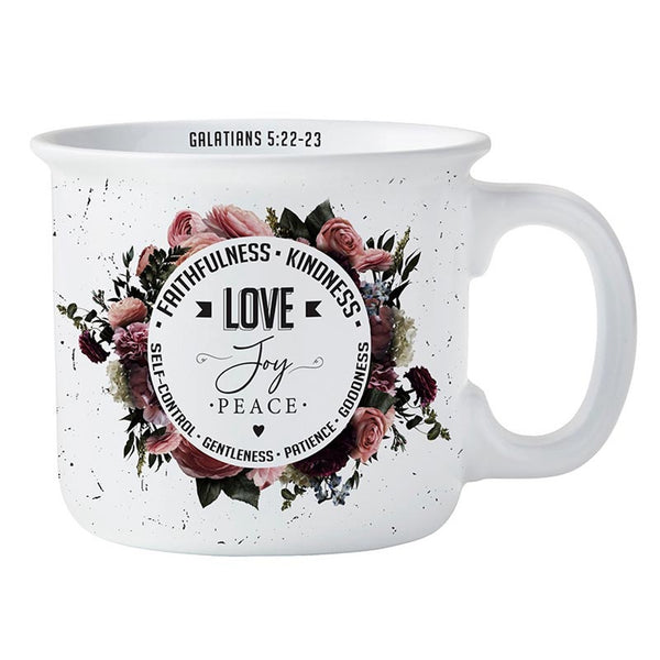 Stoneware 13 oz campfire-style mug with Galatians 5:22-23 printed inside