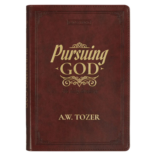 A red faux leather devotional book titled 'Pursuing God' by A.W. Tozer with a subtitle of '366 Devotions'.