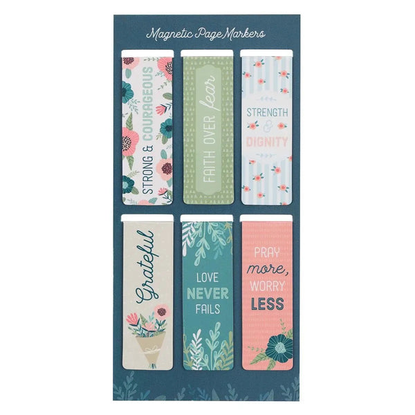 Set of six magnetic bookmarks with floral and botanical designs in green and pink, featuring phrases like Strong & Courageous and Love Never Fails.