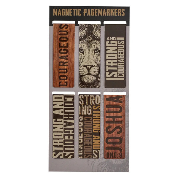 Magnetic bookmark set with masculine designs featuring Scripture verse Joshua 1:9 ‘Be strong and courageous’ and bold patterns.