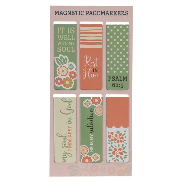 Set of six magnetic bookmarks in muted citrus colors with floral, polka dot, and stripe designs featuring hymn lyrics and Scripture verses