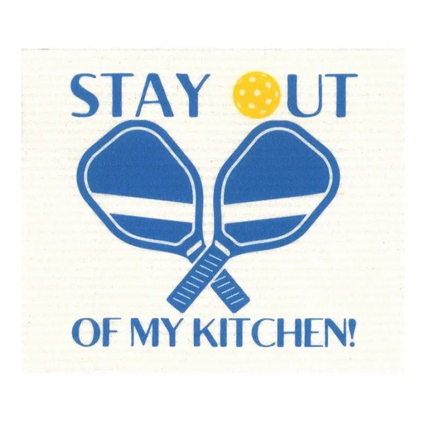 Swedish dishcloth with a blue and white design featuring 'Stay out of my kitchen!' and a graphic of a pickleball and rackets.