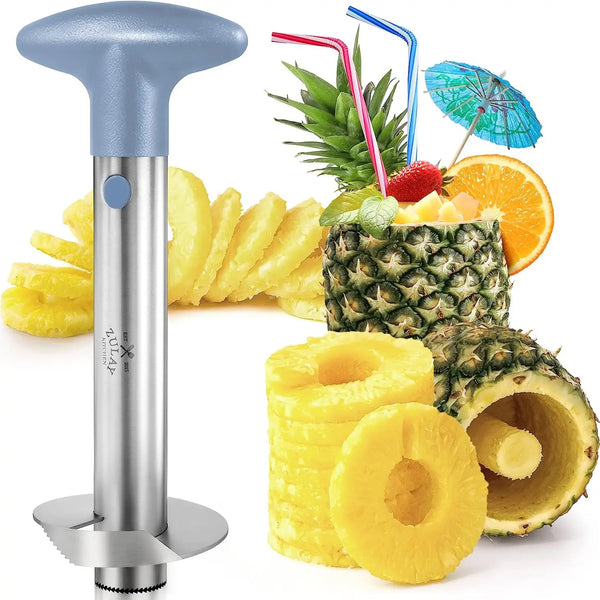 A pineapple corer tool with a blue handle and silver body, displayed alongside sliced pineapple