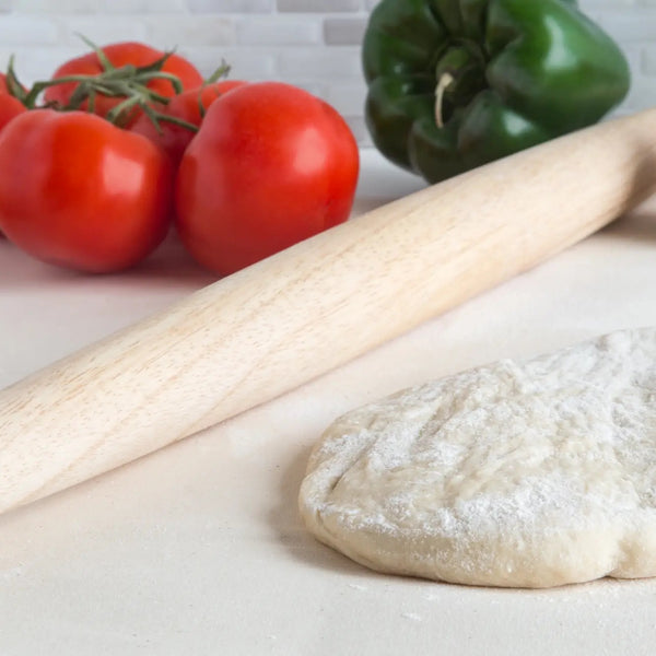 20-inch tapered wooden rolling pin made from natural rubber wood for rolling pie crusts and pizza dough evenly.