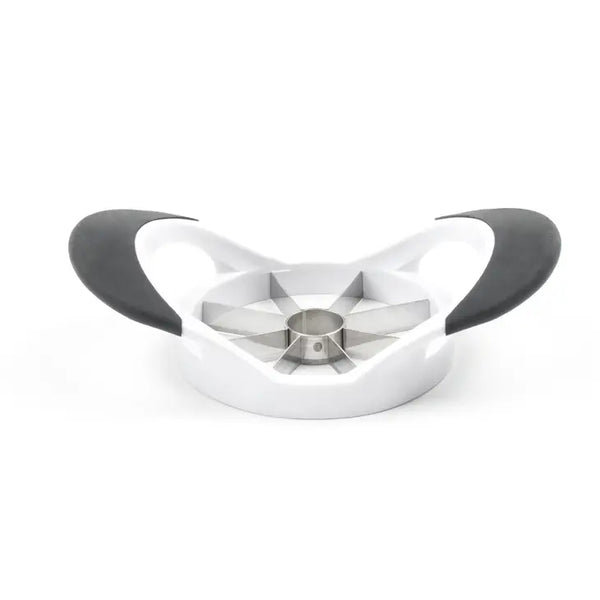 Stainless steel apple slicer with non-slip black handles, slices apples into 8 even pieces while removing the core.