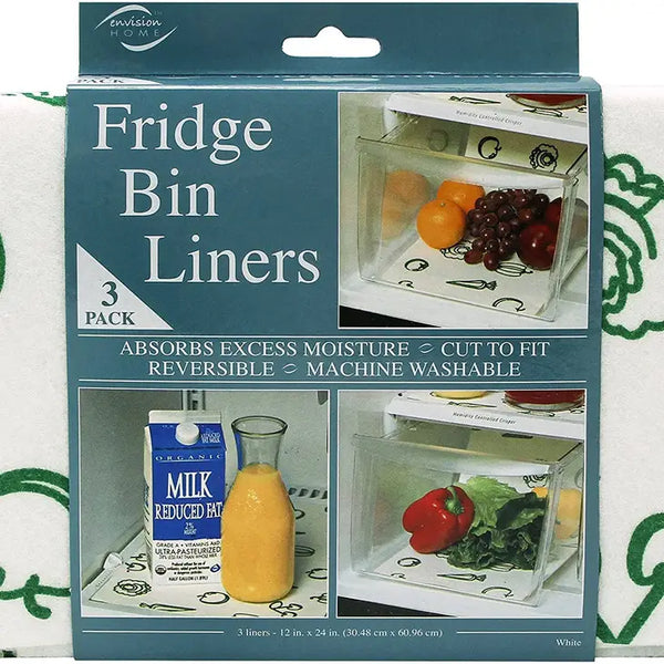 Refrigerator bin liners to protect drawers and shelves, absorb spills, retain fruit and vegetable crispness, and reduce cleanup.