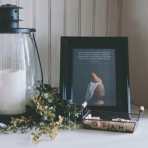 5x7 print of Galatians 5:22-23 listing the Fruit of the Spirit, with matte lamination for durability and versatile display options.
