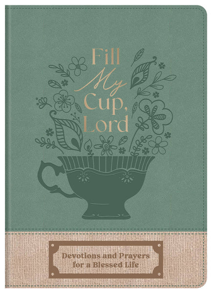 Green book cover with floral design and 'Fill My Cup, Lord' text on a white background