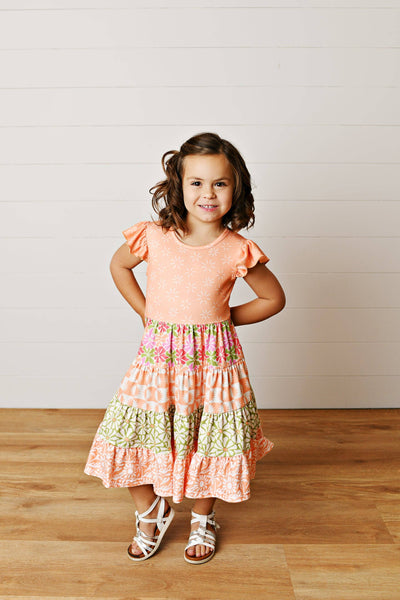 Girls Mixed Print Tiered  Dress