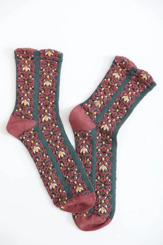 Embroidered Flower Socks - Maroon