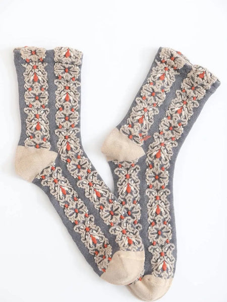 Embroidered Flower Socks - Beige