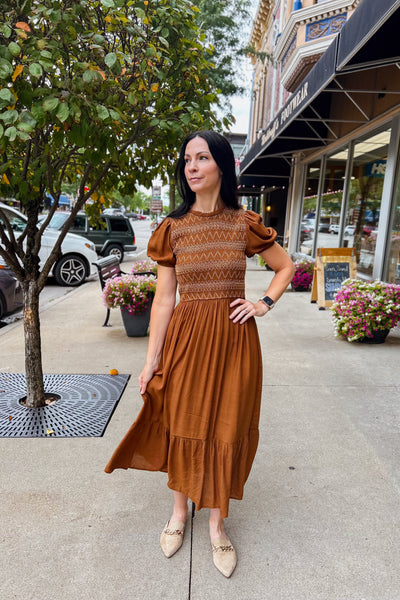 Smocked Bodice Midi Dress - Brown