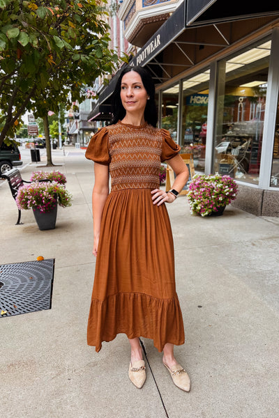 Smocked Bodice Midi Dress - Brown