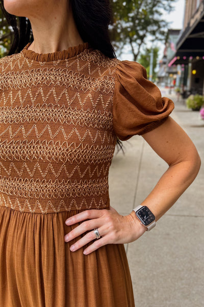 Smocked Bodice Midi Dress - Brown