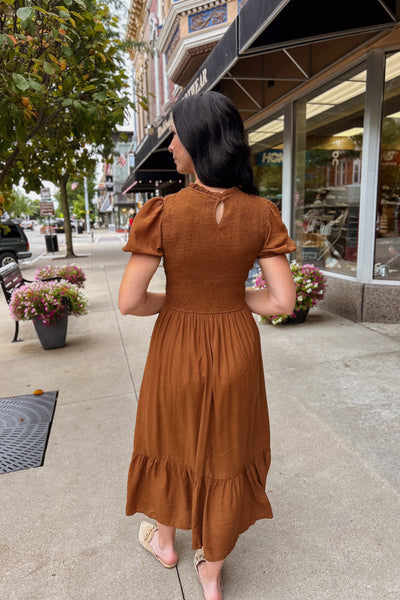 Smocked Bodice Midi Dress - Brown
