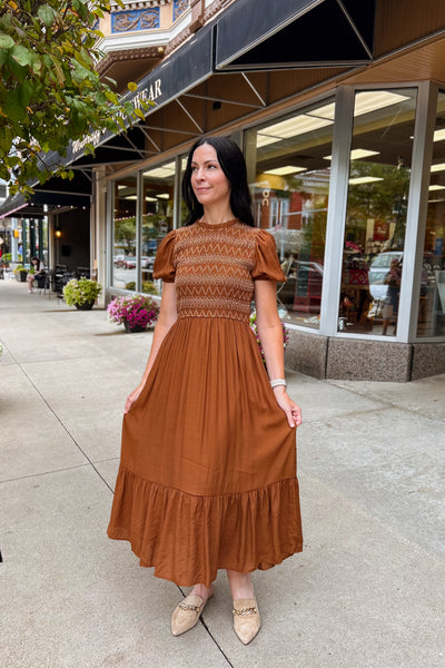 Smocked Bodice Midi Dress - Brown