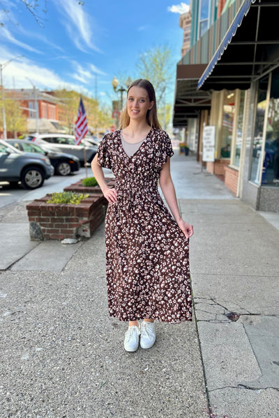 V-Neck Midi Dress - Brown Floral