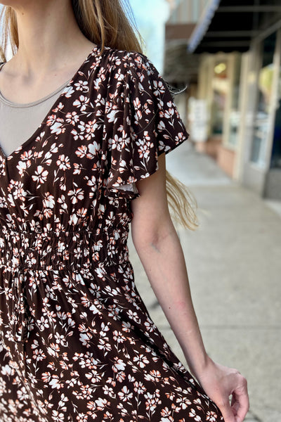 V-Neck Midi Dress - Brown Floral