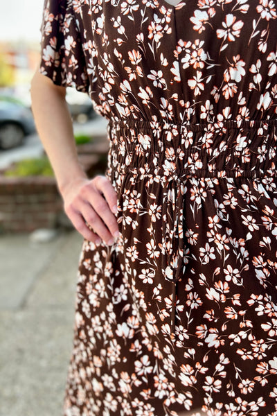 V-Neck Midi Dress - Brown Floral