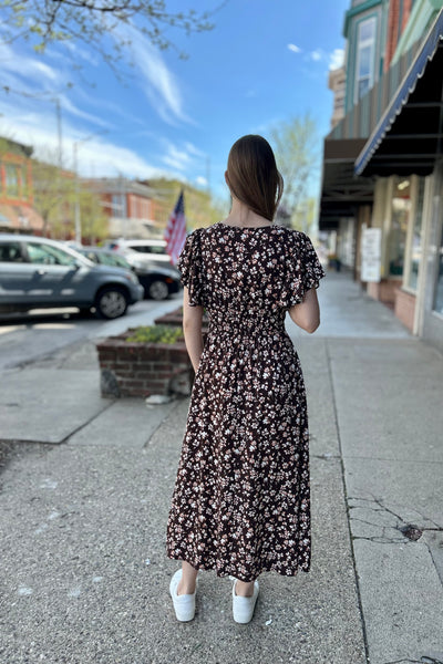V-Neck Midi Dress - Brown Floral