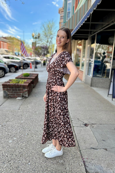 V-Neck Midi Dress - Brown Floral