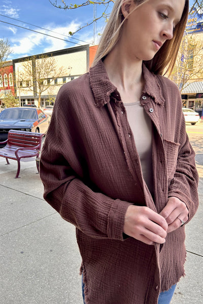 Cotton Gauze Raw Edge Shirt - Brown