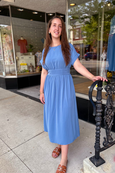 Sadie Cap Sleeve Midi Dress  - Blue
