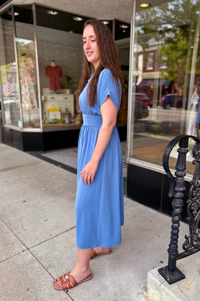 Sadie Cap Sleeve Midi Dress  - Blue