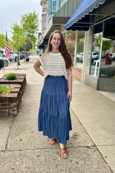 Chambray Tiered Maxi Skirt