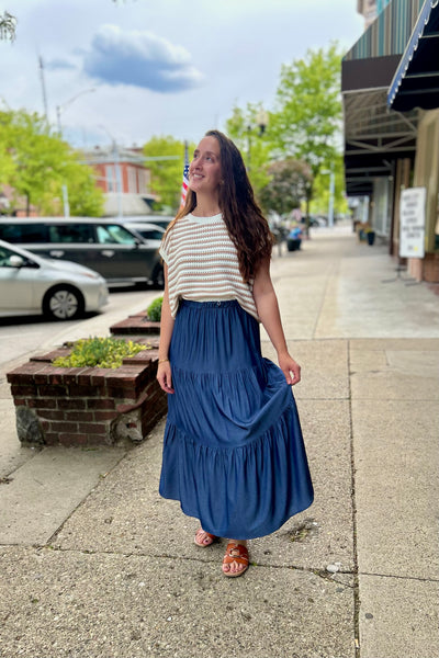 Chambray Tiered Maxi Skirt