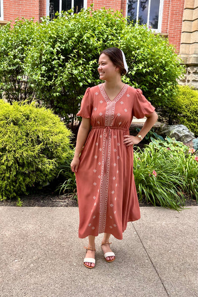 Embroidered Midi Dress - Terracotta