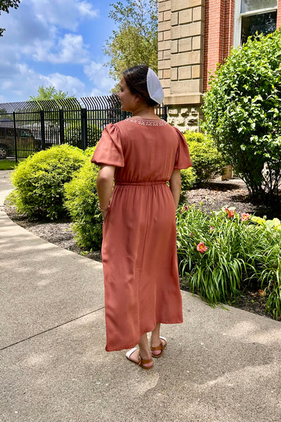 Embroidered Midi Dress - Terracotta