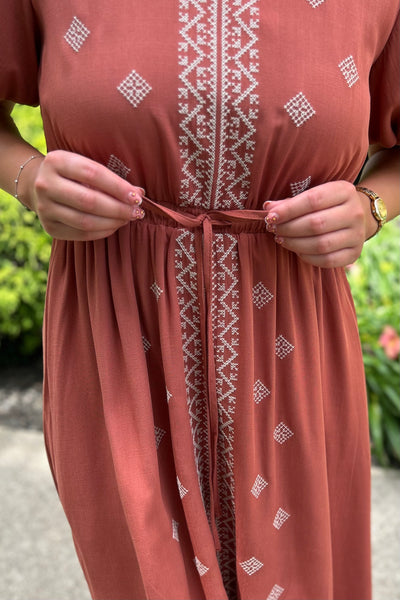 Embroidered Midi Dress - Terracotta