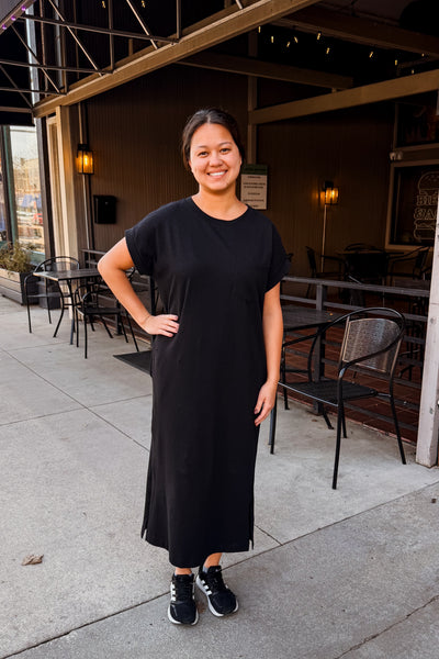 Short Sleeve Midi Dress - Black
