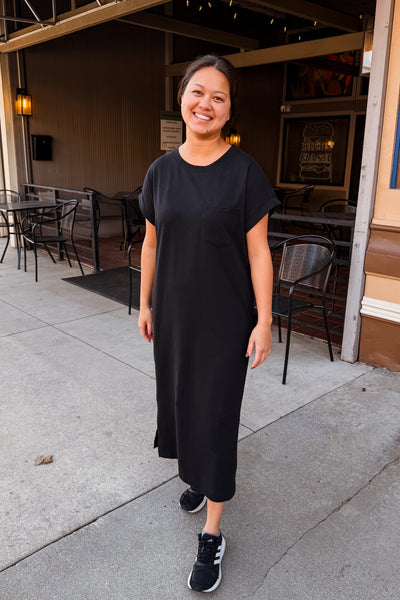 Short Sleeve Midi Dress - Black