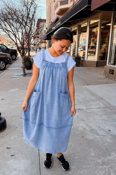 Harper Overall Midi Dress - Denim