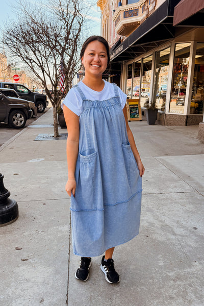Harper Overall Midi Dress - Denim