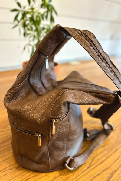 Leather Zipper Backpack - Brown
