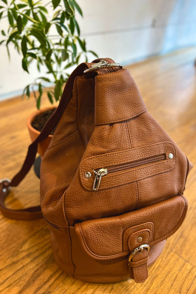 Leather Zipper Backpack - Light Brown