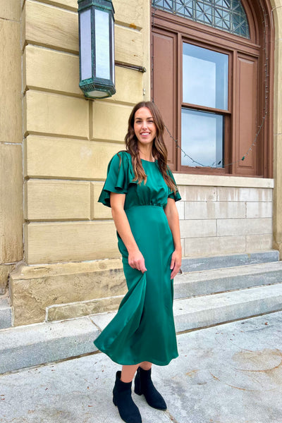 Satin Flutter Sleeve Dress - Emerald