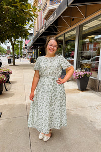 Modest church dress in green floral print with short sleeves 