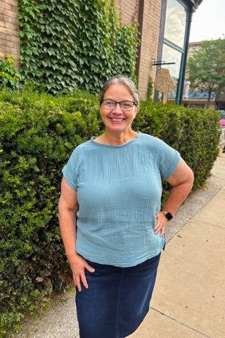 Double Guaze cotton top with rolled sleeves, perfect for  all day summer wear.