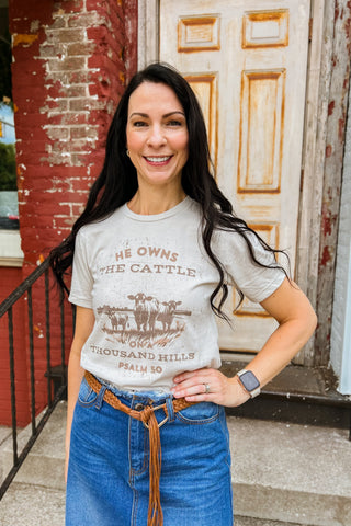 He own the cattle on a thousand hills inspirational graphic tee in brown colors 