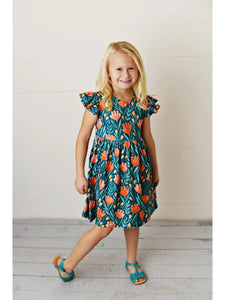 Girls Teal Floral Flutter SleeveDress