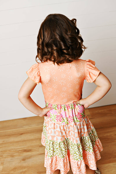 Girls Mixed Print Tiered  Dress